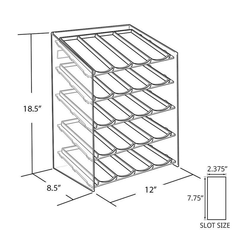 Présentoir à cinq niveaux à 20 compartiments, 4 composants par niveau. Dimensions: l 12 po x P 8,5 po x H 18,5 po