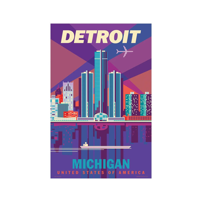 Detroit Travel Poster by Jim Zahniser - Wrapped Canvas Print, 20.32 cm H x 30.48 cm W