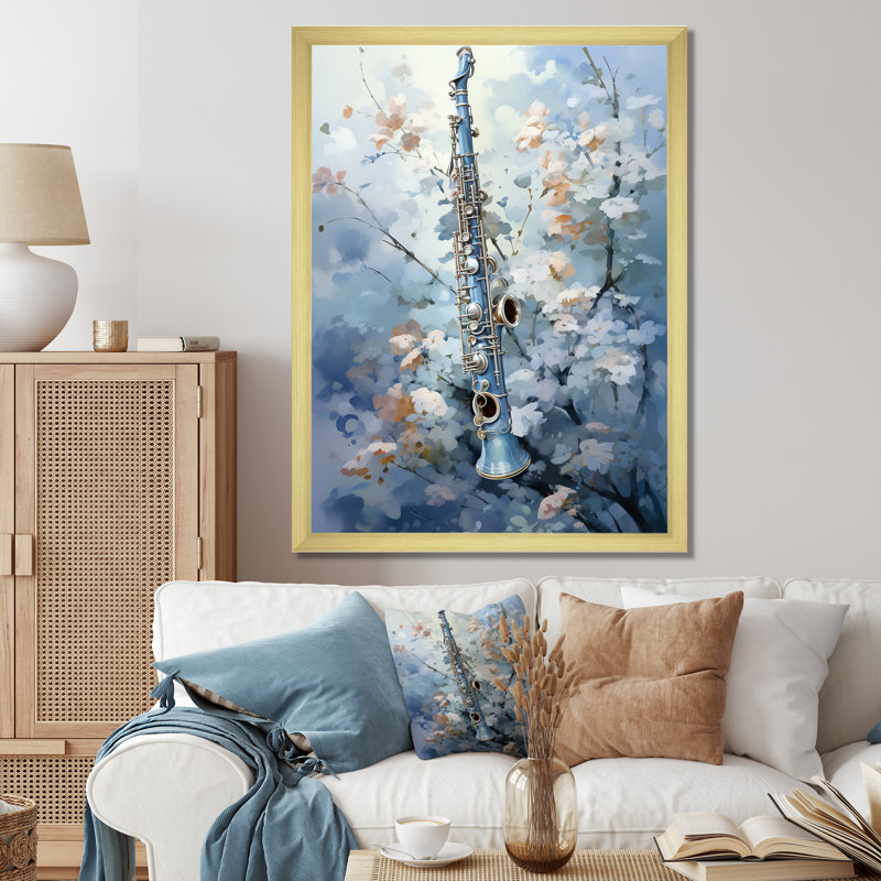 Flûte musicale vol bleu ciel - musique, art mural salon, Cadre doré simple, H 32 po x l 16 po x P 1 po