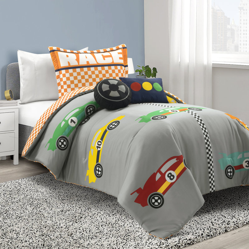 Lush Decor Racing Cars Reversible Comforter Set, Twin Comforter + 3 Standard Shams, Gray/Orange