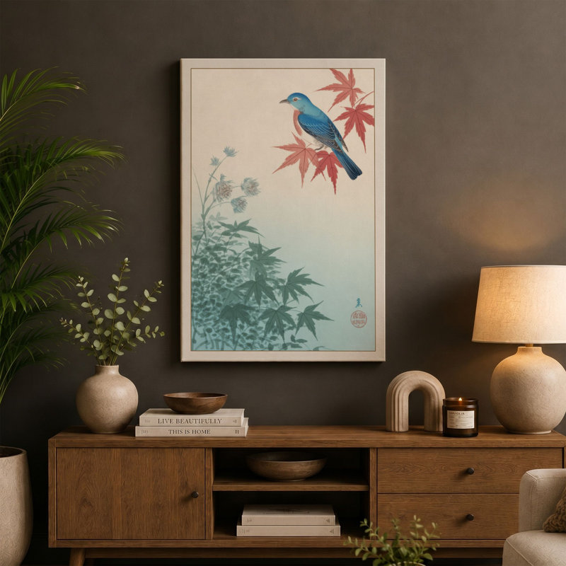 Perched in Bloom Japandi - Wrapped Canvas, 30x20 - 76.2 x 50.8 cm, Terracotta Border