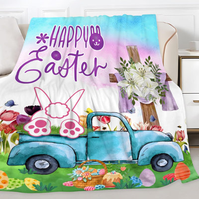 Happy Easter Blanket Easter Eggs Bunny Butt Decorations Farm Truck Cross Soft Flannel Throw Bunny Blanket or Home Farmhouse Bed Sofa Decor Indoor 30x40 Inches Gifts for for Adults