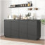 Meuble télé noir à 4 portes cannelées avec prise de courant, centre de divertissement Wave sans poignée, armoire de rangement à panneau de particules réglable à 3 niveaux, console multimédia multifonctionnelle et buffet-366022350