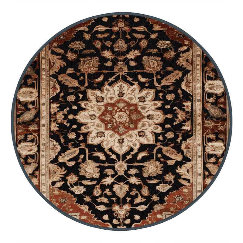 Tapis persan noir lavable à la machine, Rond 4 pi