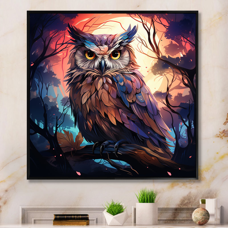 Mysterious Owl Forest II - Art mural hibou, Cadre flottant noir, H 30 po x l 30 po x P 1,5 po