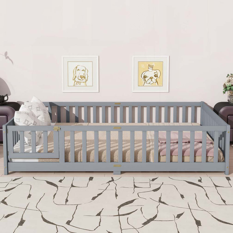Lit de plancher avec clôture, porte, lit de plancher en bois d'hévéa, Gris