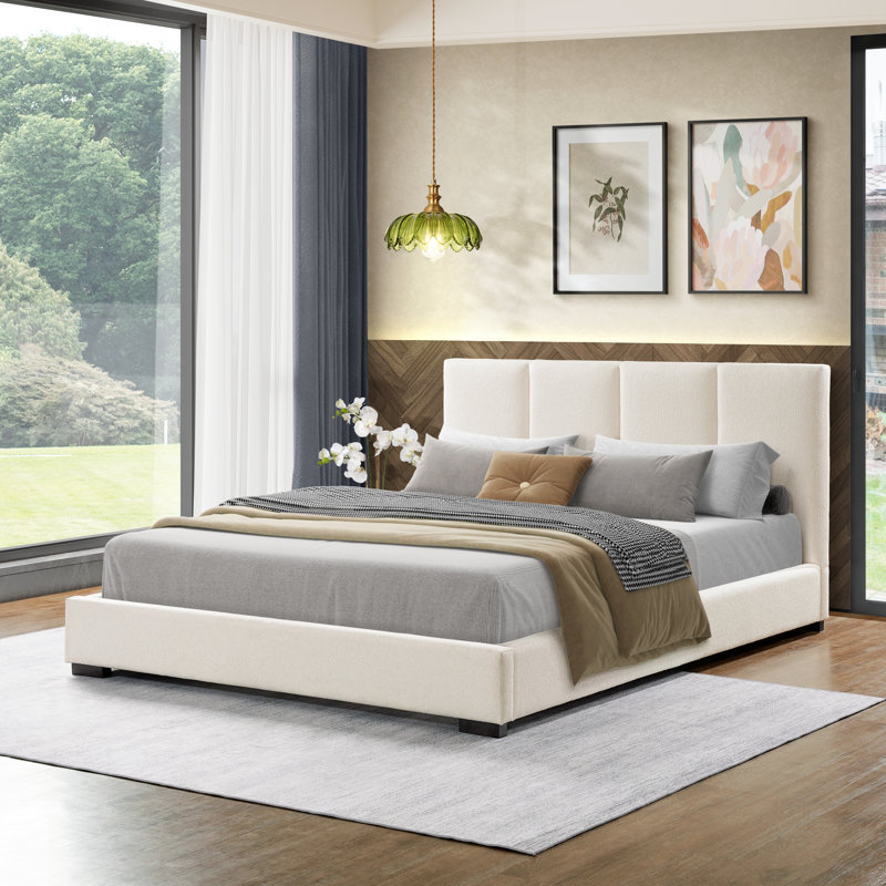 Birch Boucle Platform Bed, Queen, White Boucle