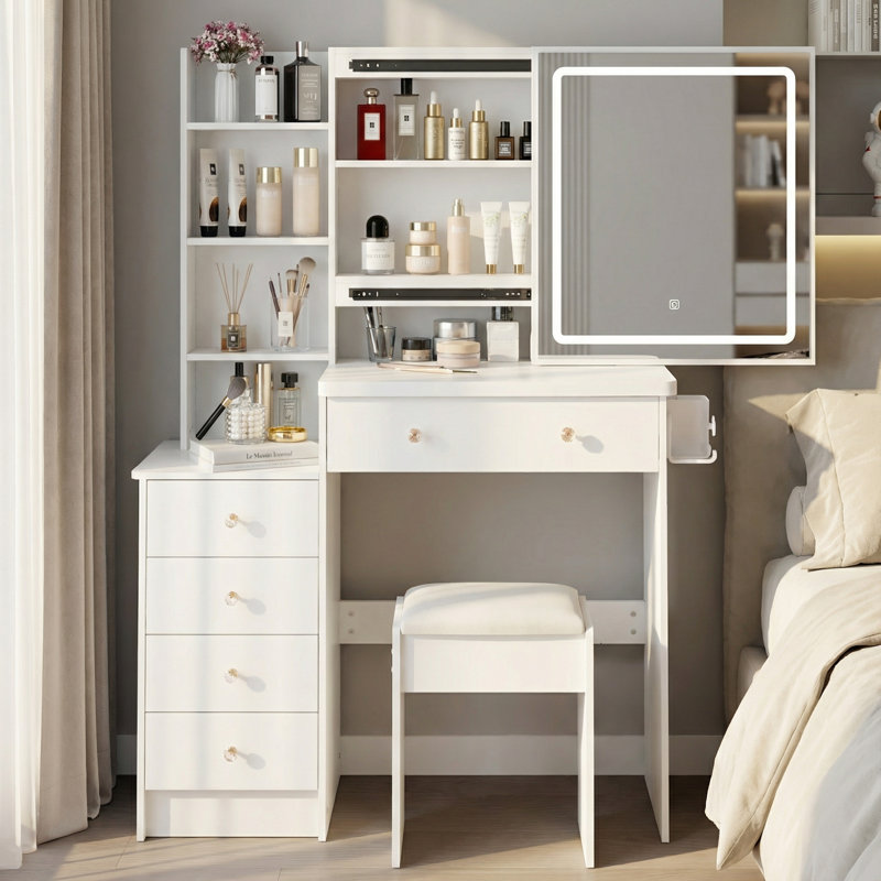 Vanity Table with LED Sliding Mirror & Cushioned Stool, Dresser Set with 2 AC+2 USB Outlets & Hair Dryer Holder, Touch Control 3-Color Light for Bedroom
