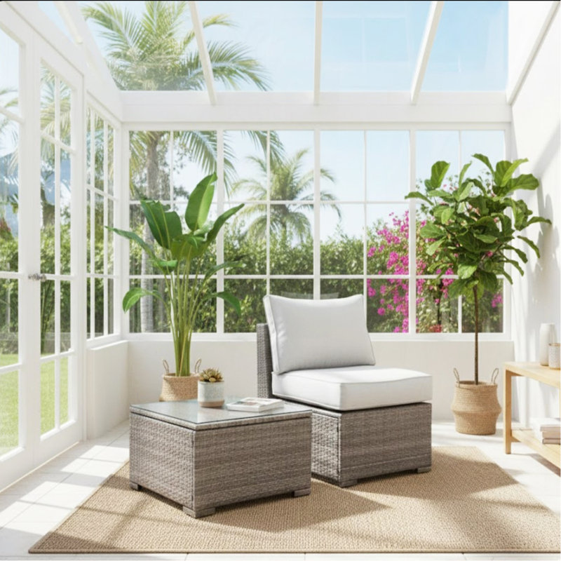 2-Piece All-Weather Outdoor Rattan Patio Furniture Set With  25.2 Inches Width Armless Sofa & Coffee Table,