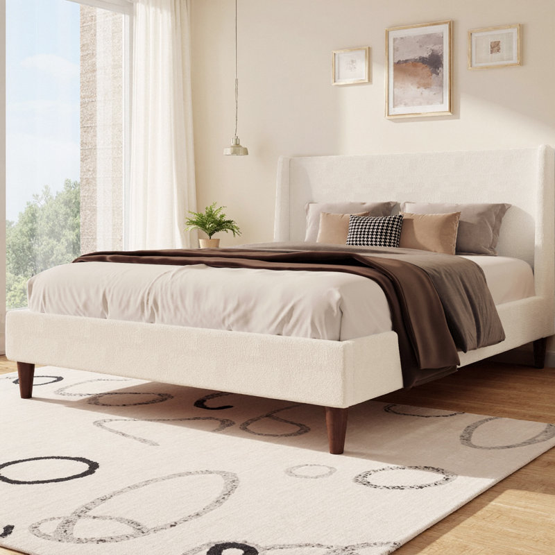 Modern Ivory Boucle Upholstered Platform Bed with Wingback Headboard and Walnut Wooden Legs, No Box Spring Needed with Wood Slat Support, 600 lb Capacity
