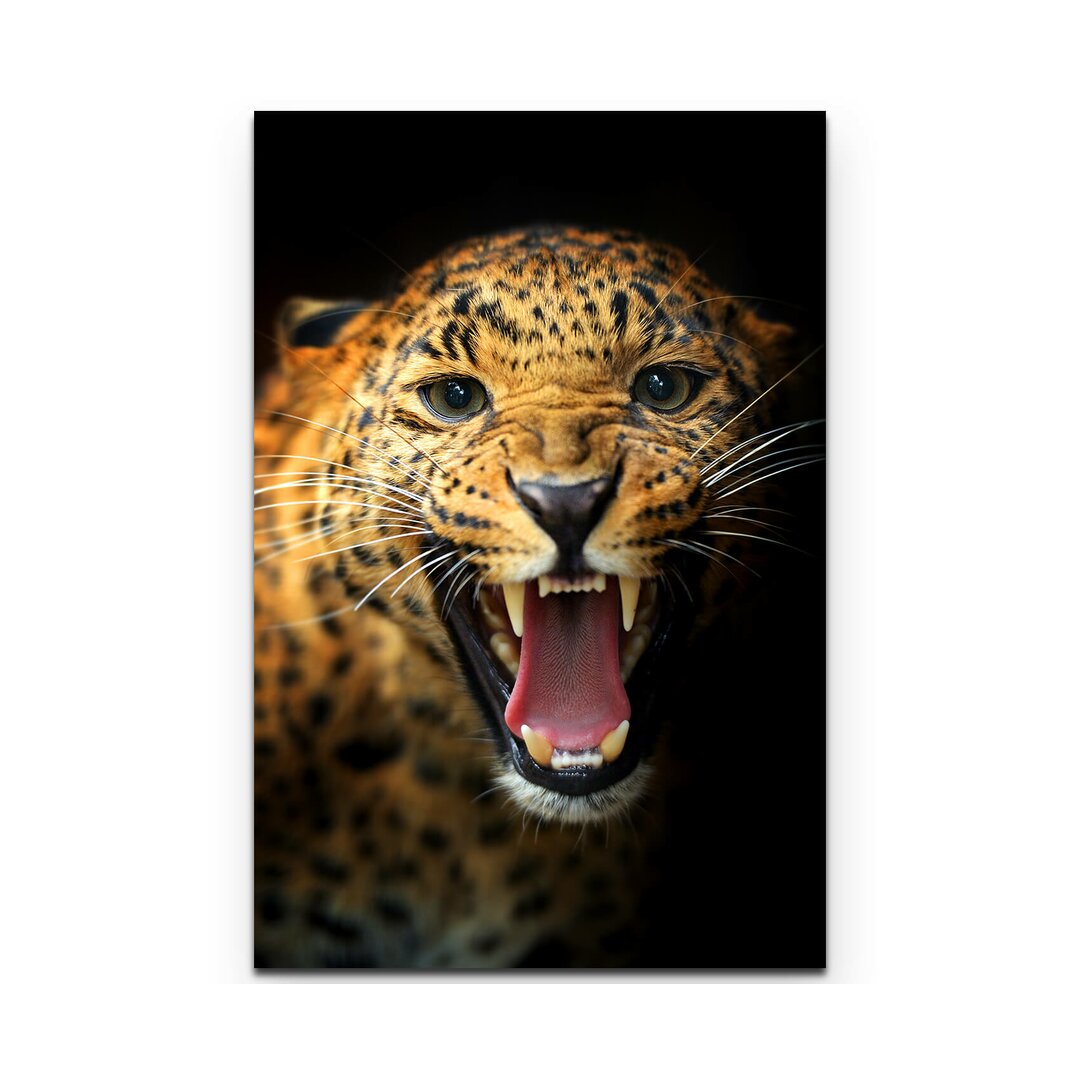 Leinwandbild Portrait eines fauchenden Leoparden