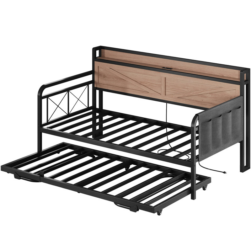 Twin Daybed with Pop Up Trundle,  Built-in Charging and Storage, Strong Metal Support, Wood