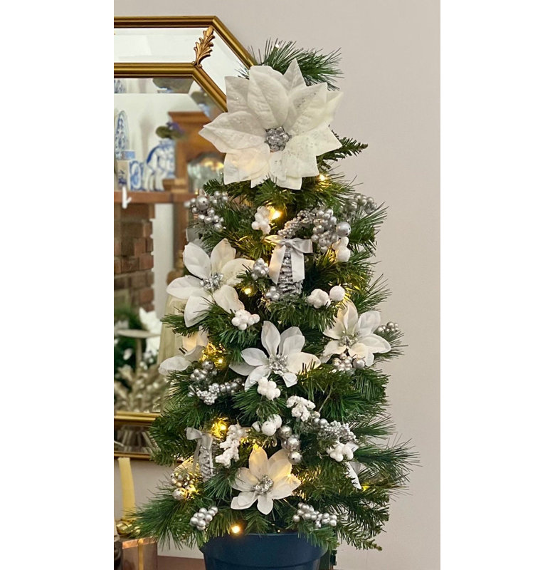Topiaire de Noël pré-éclairé blanc et argent / arbre de Noël décoré 3 pi