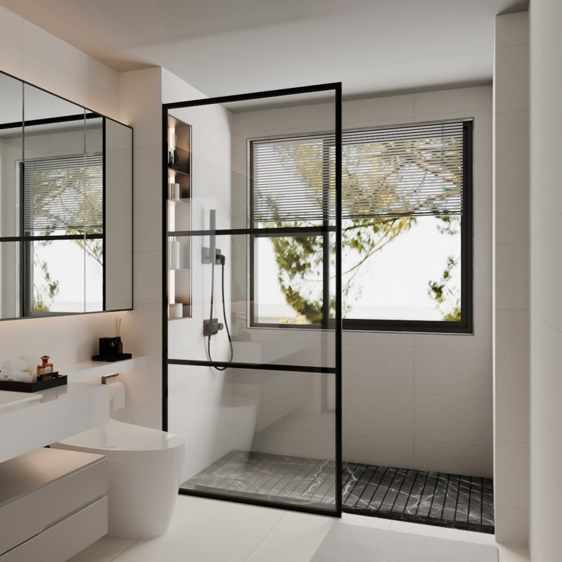 Écran de douche fixe encadré l 34 po x H 72 po, panneau de verre de sécurité épais pour la douche, finition noir mat