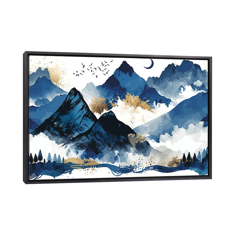 Montagnes bleues, Toile encadrée flottante noire patinée, Pas de tapis, H 26 po x l 40 po x P 1,5 po