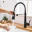 Robinet de cuisine contemporain noir mat avec douchette rétractable, cartouche en céramique, finition hydrofuge, réglage simple du débit, robinet d'installation sans effort,