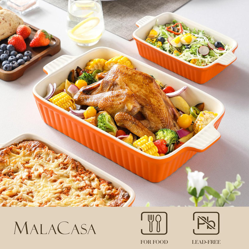 Orange Porcelain Rectangular Baking Dish Set with Handles