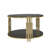 Stylish Modern Coffee Table with Asymmetrical Metal Structure, Circular Drum Base, and Lower Shelf for Enhanced Decor and Functionality.-362247087