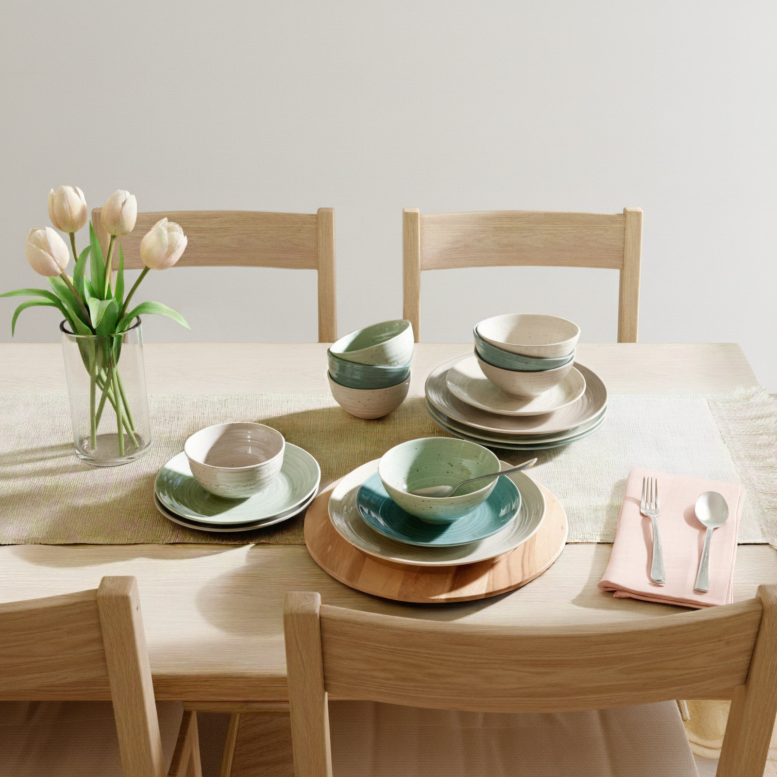 Sango Siterra Artist's Blend 16-Piece Stoneware Dinnerware Set - Service For 4, Plate & Bowl Set, Green/Blue/Gray/Cream