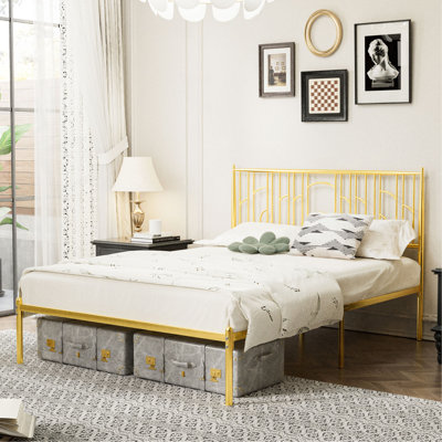 Queen Size Metal Steel Platform Bed Frame Classic Iron-Art Headboard Simple Classic For Home Hotel School Bedroom Furniture