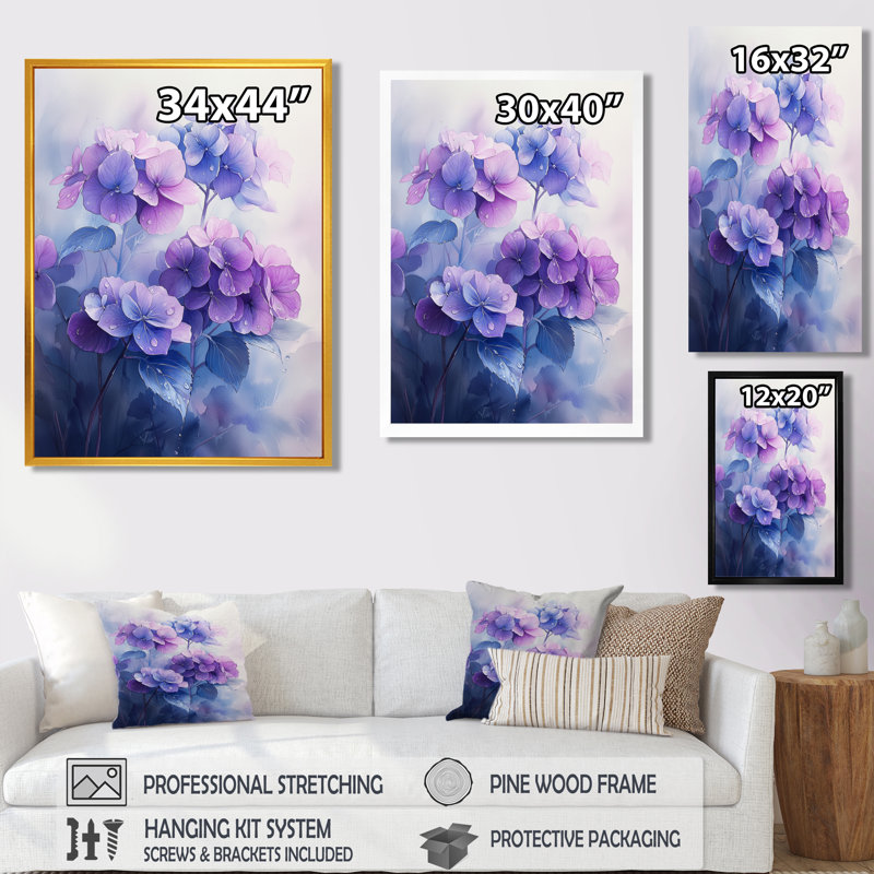 Hortensias dans la rosée du matin II - hydrangées, art mural, H 40 po x l 30 po, Impression encadrée flottante, Doré
