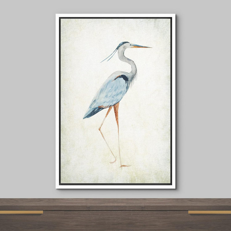 Heron sur toile tendue avec oiseaux sauvages, Cadre flottant blanc, H 24 po x l 16 po x P 1,5 po
