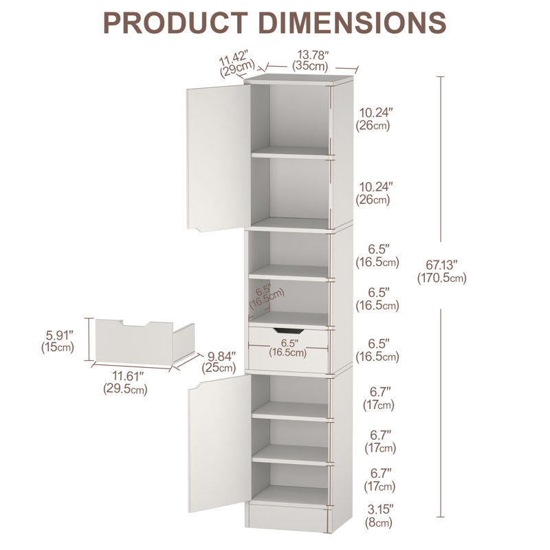 8 Tier Wooden Bookshelves and Bookcases with 2 Doors and 1 Drawer,Floor Standing Display Storage Shelves for Home, White