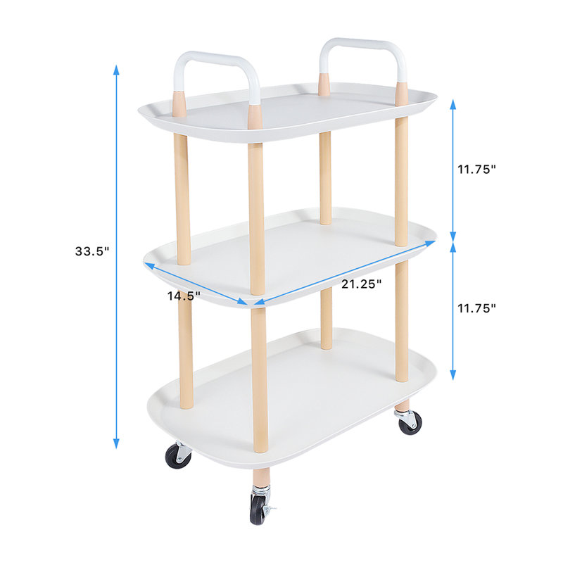 3 Tier Rolling Storage Utility Cart Heavy Duty Craft Cart with Wheels Handle White Furniture Office