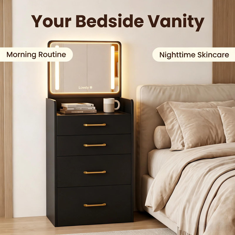 Ensemble de mini-meuble-lavabo 3 en 1 pour petits espaces avec miroir lumineux à DEL, station de charge USB, bureau de maquillage avec tiroirs et tabouret à roulettes caché, pour la chambre à coucher - noir