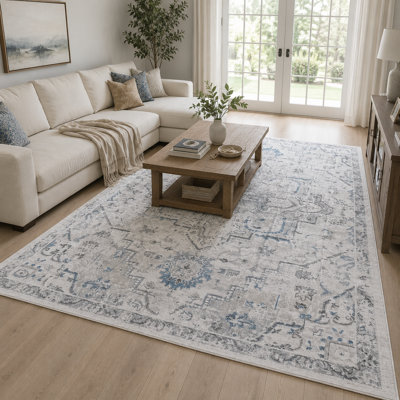 Tapis oriental antidérapant bleu / crème / gris lavable à la machine pour le salon, la chambre à coucher et les tapis d'intérieur de couloir