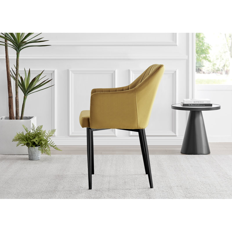 White Marble Effect Melamine Dining Table Black Legs & 6 Luxury Velvet Chairs Industrial Design, Yellow/Black