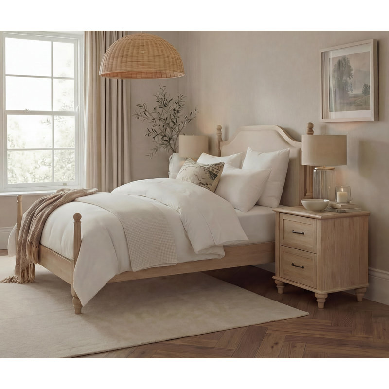 Ensemble de chambre à coucher 3 pièces, cadre de lit grand avec tête de lit et ensemble de 2 tables de chevet avec 2 tiroirs, chêne