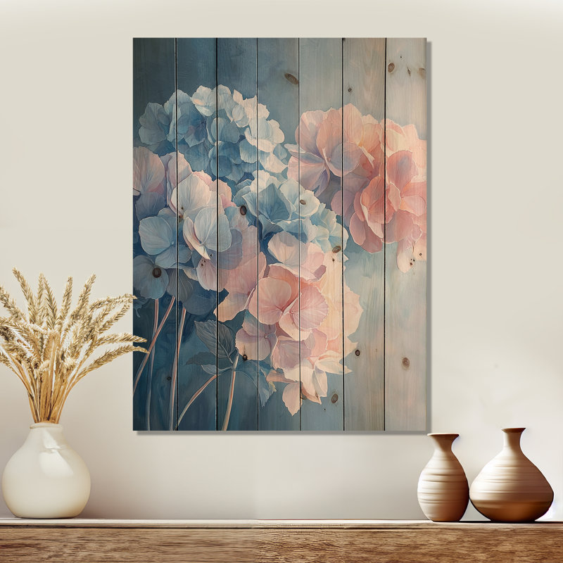 Hortensias dans la lumière du matin I - décoration murale en bois d'hortensias - sur bois de pin naturel