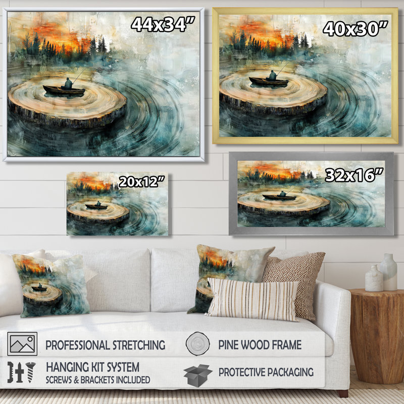 Pêche tranquillité en bois diapositive paysage II - bateau pêche art mural pour le salon, H 34 po x l 44 po, Cadre flottant