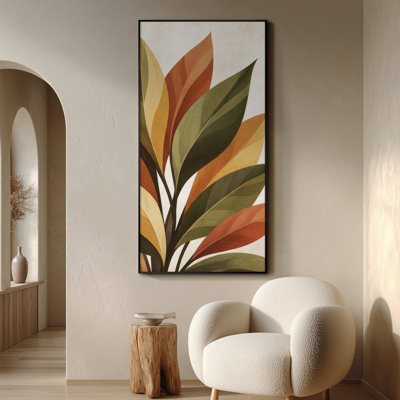Extra Large Wall Art Fabric Print - Warm Botanical Leaves Vertical Nature Inspired Design for Living Room or Bedroom - "Frame Assembly Required (Unfinished Frame)"