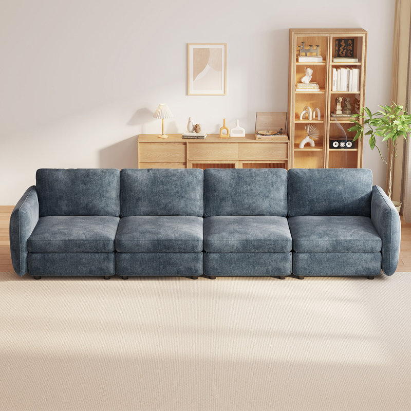 305cm Blue-Grey Modular Fabric Sofa, 4-Seater Deep Seat Sectional Sofa for Living Room