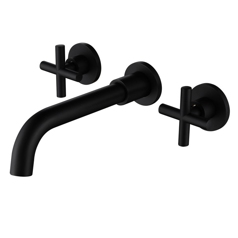 Matte Black Wall Mounted Bathroom Faucet - Solid Brass With Drip- Valve For A Stylish Bath Sink In Construction Classical Cross Handles Convenient Use