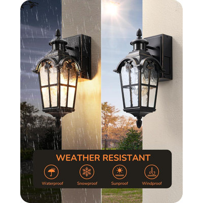 Motion Sensor Outdoor Lights, Porch Light With GFCI Outlet, Exterior Lighting Fixtures Dusk To Dawn Outside Wall Sconce With Water Ripple Glass, Wall Mount Lantern Lamp For House Garage