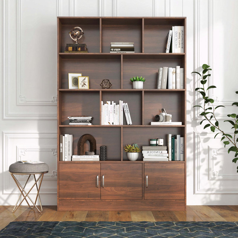 Bibliothèque haute avec 10 cubes et 3 portes, Noyer
