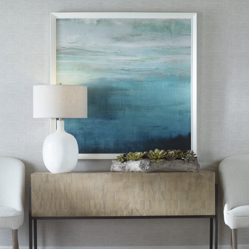 Teal Abstract Print with White Wooden Frame