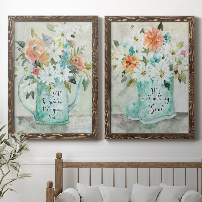 «Daisy Pitcher Bouquet», ensemble de 2 reproductions d'art, L 27,5 po x H 37,5 po, Toile avec cadre en noyer