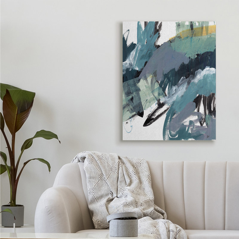 «Chaotic Paintbrush Strokes Abstract Green Blue» par Ann Thompson Nemcosky - Peinture, H 40 po x l 30 po, Toile tendue