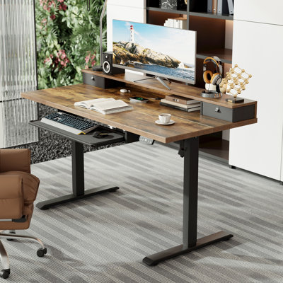 55 Inch Electric Standing Desk with 2 Drawers & Keyboard Tray, Adjustable Home Office Desk Ergonomic Sit to Stand Computer Desk with Hooks for Gaming & Work,Rustic Brown