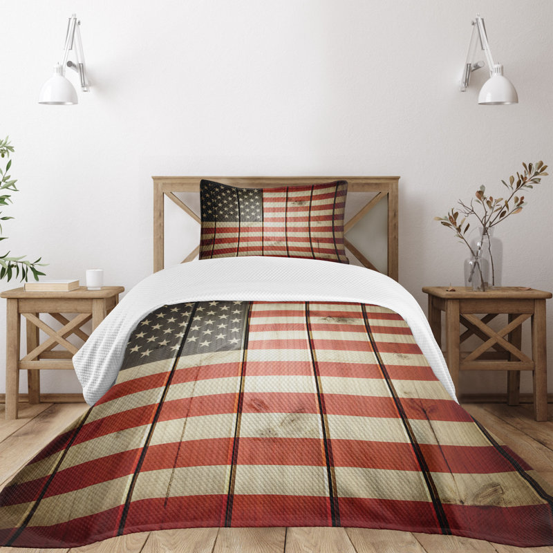 Twin Blue Quilted American Flag Bedspread Set