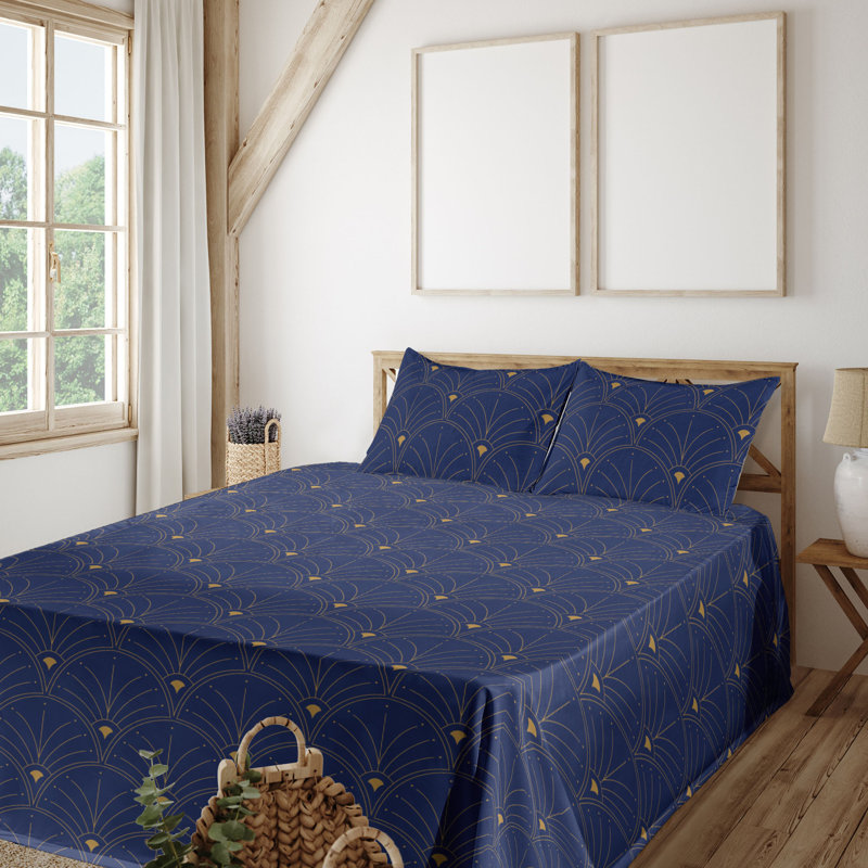 Microfiber Sheet Set, Full Sheet Set with 2 Pillowcases, Light Navy Blue/Sand Brown Geometric