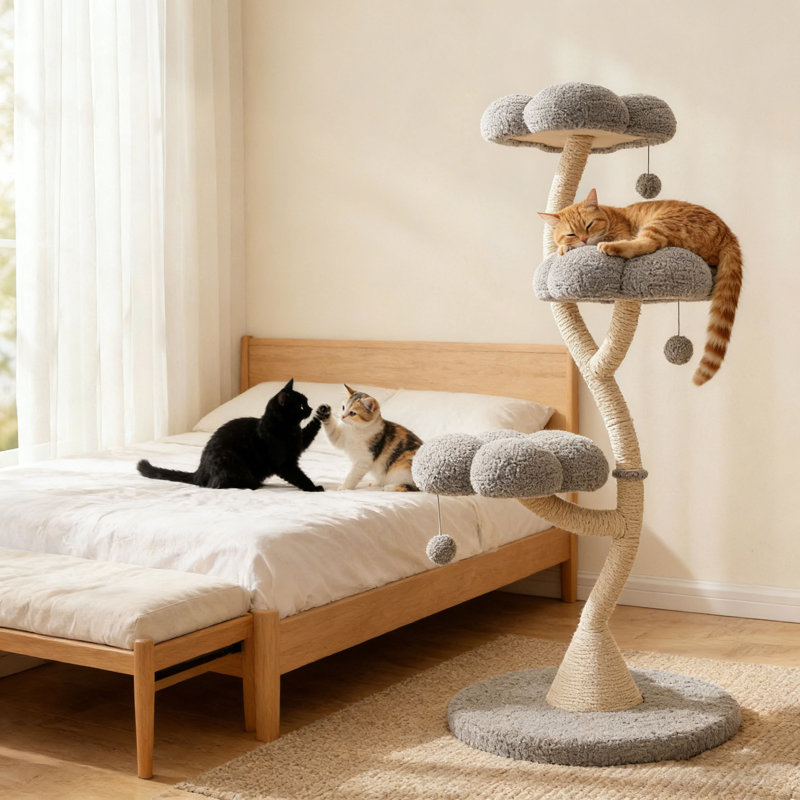 Tour pour arbre à chat 48,4 po moderne avec plateformes d'observation multiniveaux et poteaux à griffer en sisal, convient aux chats de toutes tailles, gris