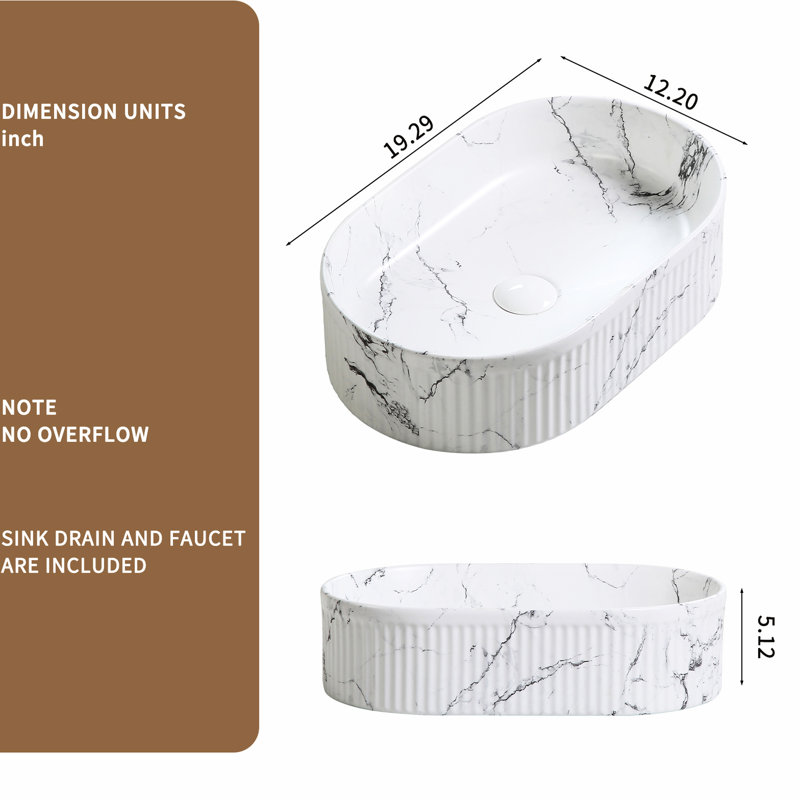 Vasque ovale de salle de bain en marbre noir et blanc 48 x 30 cm, en porcelaine céramique avec aérateur à surface lisse, céramique durable, robinetterie incluse, résistante à la chaleur
