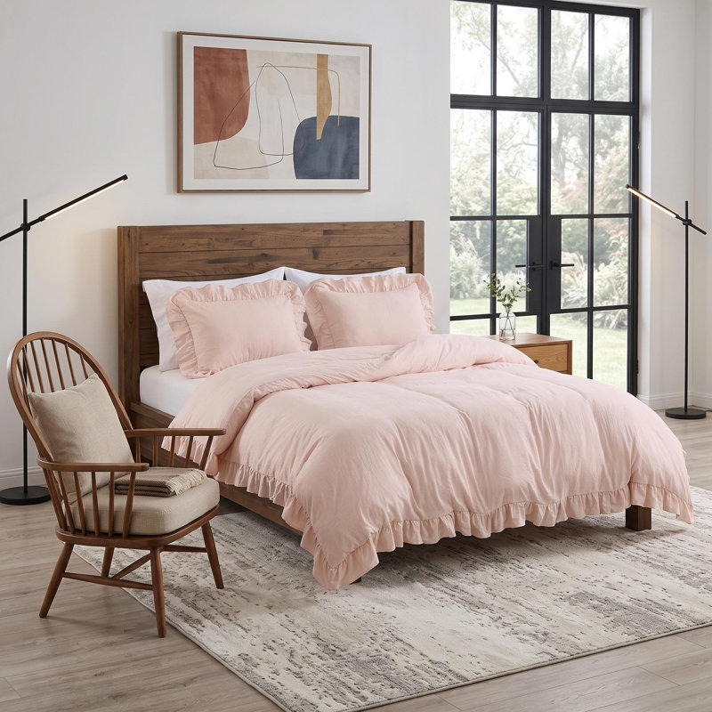 Ensemble de literie 4 pièces de style campagne française à volants, doux et léger, lavable à la machine, Pink