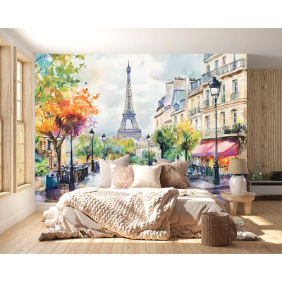 Paris Eiffel Tower Wall Mural – Watercolor Street View Wallpaper