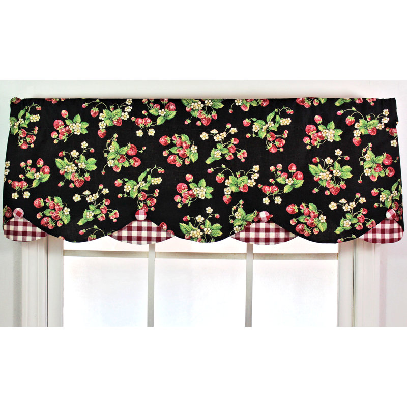 Black Strawberry Floral Cotton Scalloped Window Valance